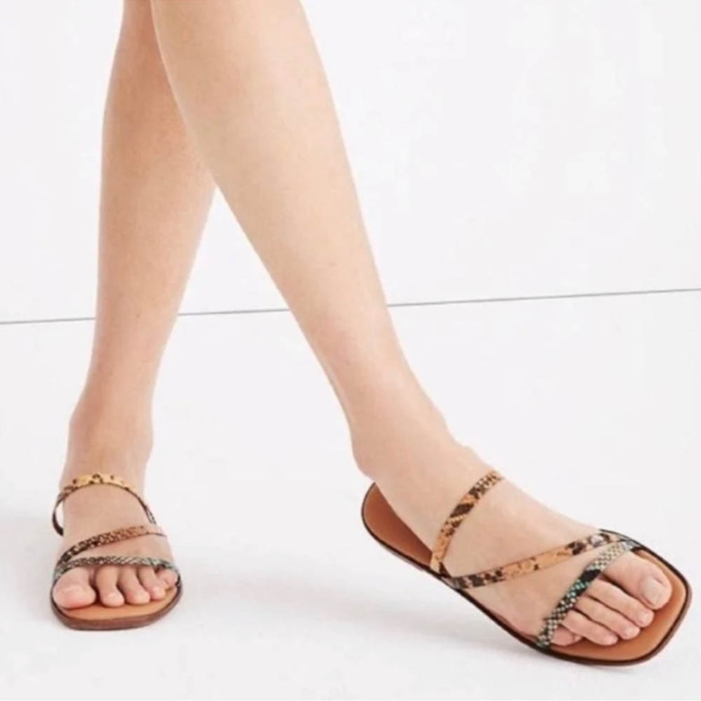 Madewell Lyra Women's Snakeskin Strappy Slide Flat Sandal Tan Multicolor‎ US 7